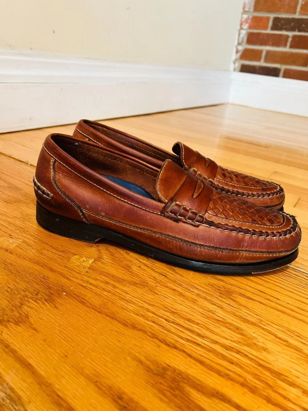 Bostonian Stadium Penny Loafers in brown leather, featuring a woven basket weave